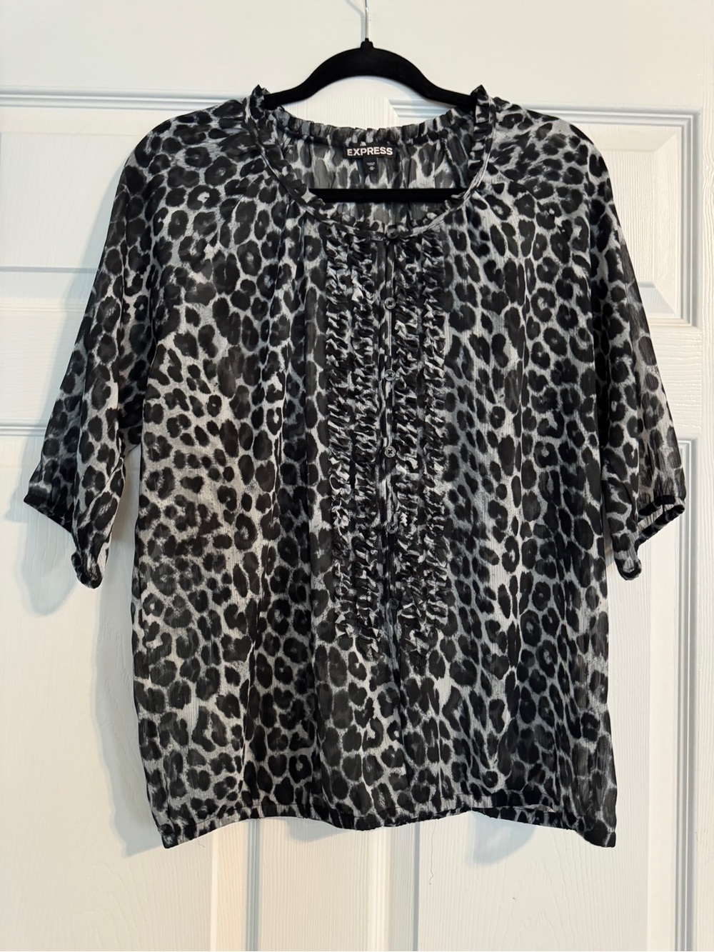 Express Black and White Leopard Ruffle-Front Blouse